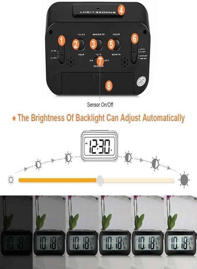 SKYLIT Plastic Digital Smart Backlight Alarm Clock with LCD Display Automatic Sensor, Date and Temperature (Black) - Image 4